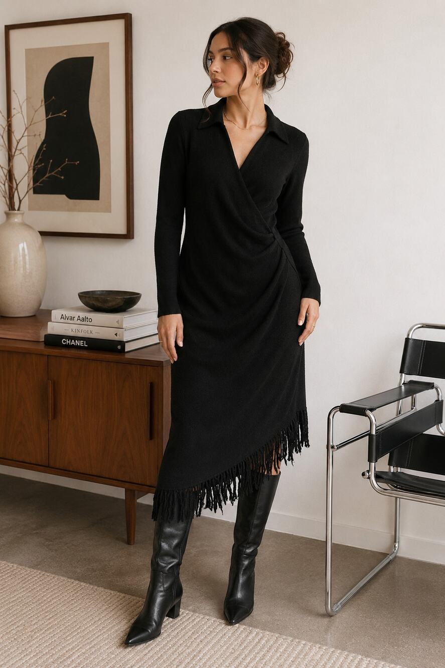 Vintage Papéll Boutique Black Wool Blend Midi Dress L Draped Fringe Hem 90s ✨